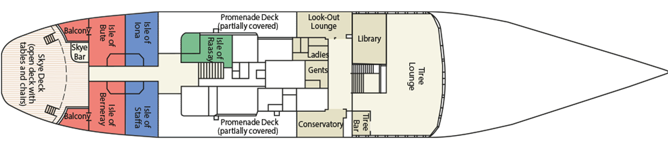 A plan elevation of the Promenade Deck on the Hebridean Princess
