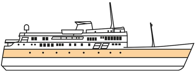 The side elevation of the Hebridean Princess showing where the Waterfront Deck is