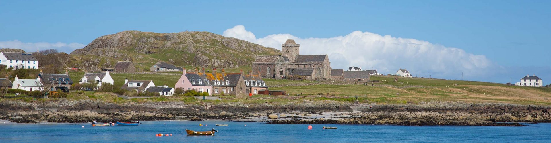 A panorama view from the bay of Iona Abbey on the Isle of Iona