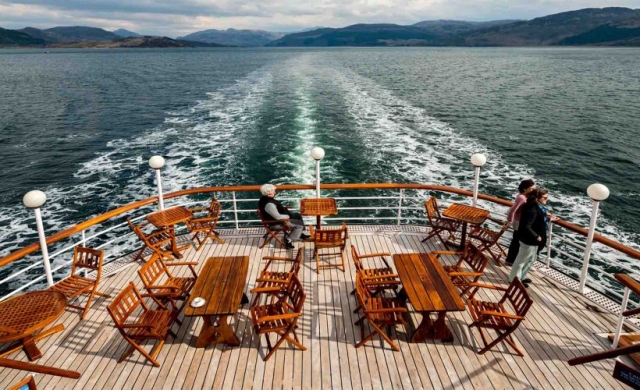 The outdoor seating area on the Promenade Deck on the Hebridean Princess cruise ship of Hebridean Island Cruises