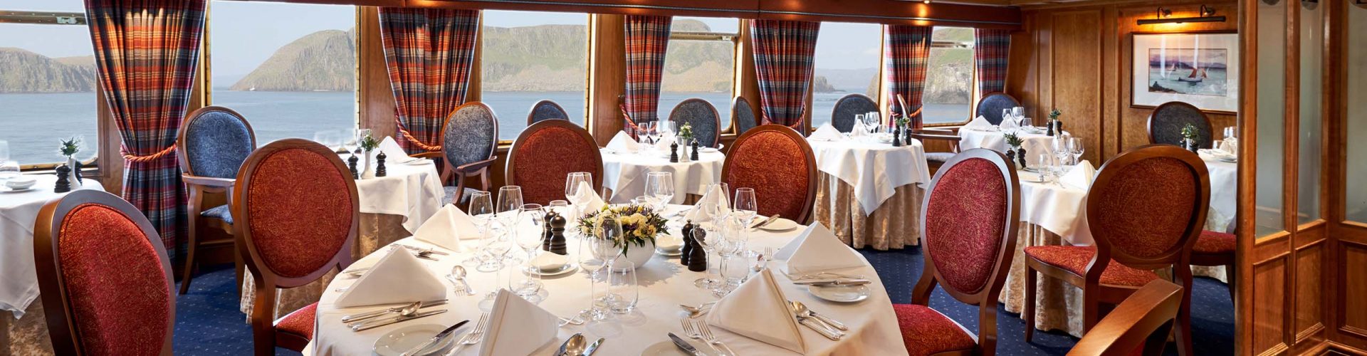 The Columba Restaurant on the Princess Deck on the Hebridean Princess cruise ship of Hebridean Island Cruises