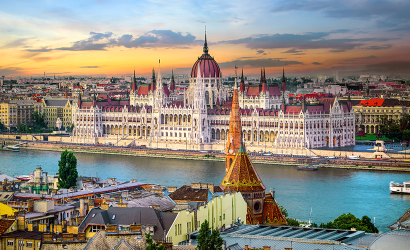 The city of Budapest in Hungary with the Hungarian Parliament building by the Danube River