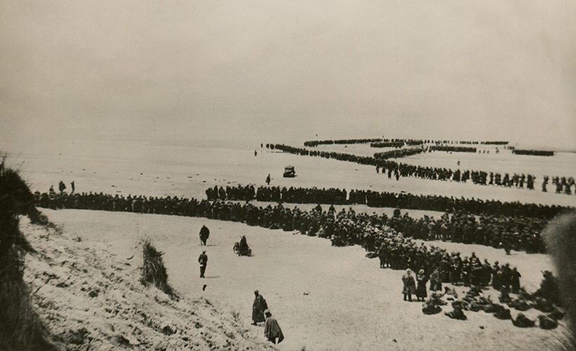 The military evacuation of British and French troops from Dunkirk beach from May 26th to June 4th, 1940