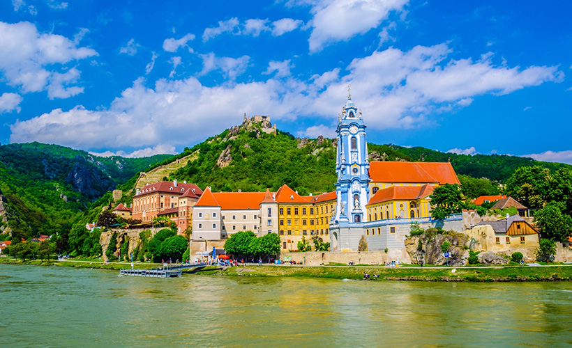 The colourful buildings of the medieval town of Dürnstein by the Danube River