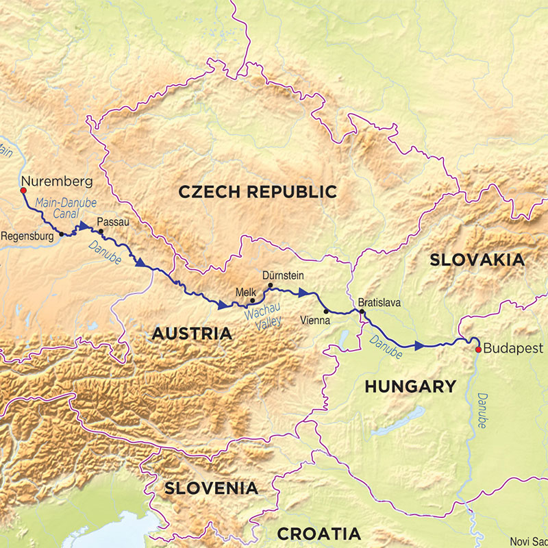 Imperial Cities of the Danube route map