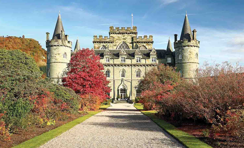 Inveraray Castle, a large turreted country house in the county of Argyll in Scotland