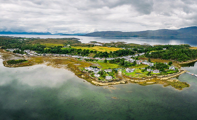 A panoramic view of the village of Plockton in Scotland