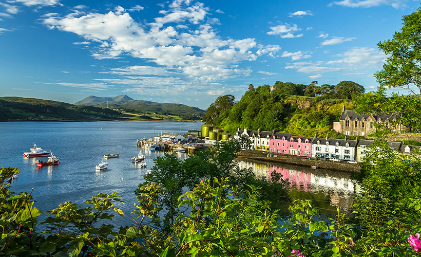 The colourful harbour in Portree on the Isle of Skye in Scotland
