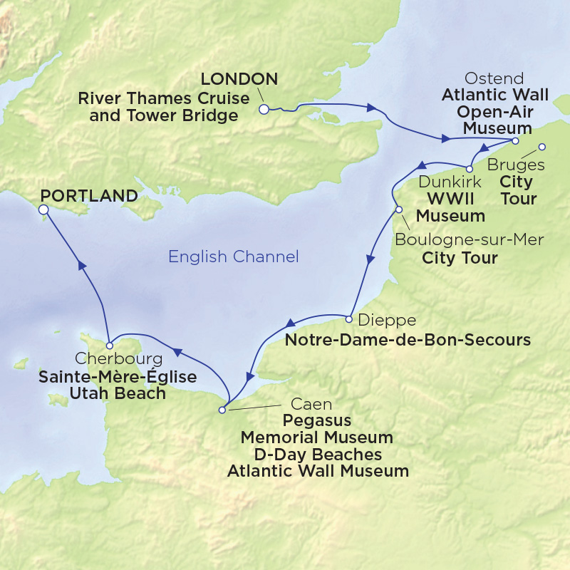 River Thames and Normandy Beaches route map