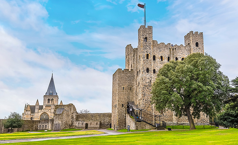 Rochester Castle and Cathedral on a sunny day